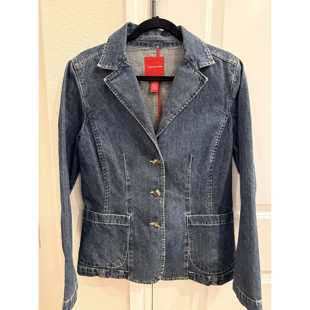Gloria‎ Vanderbilt Jacket Womens Med Blue Denim Blazer Casual Cotton